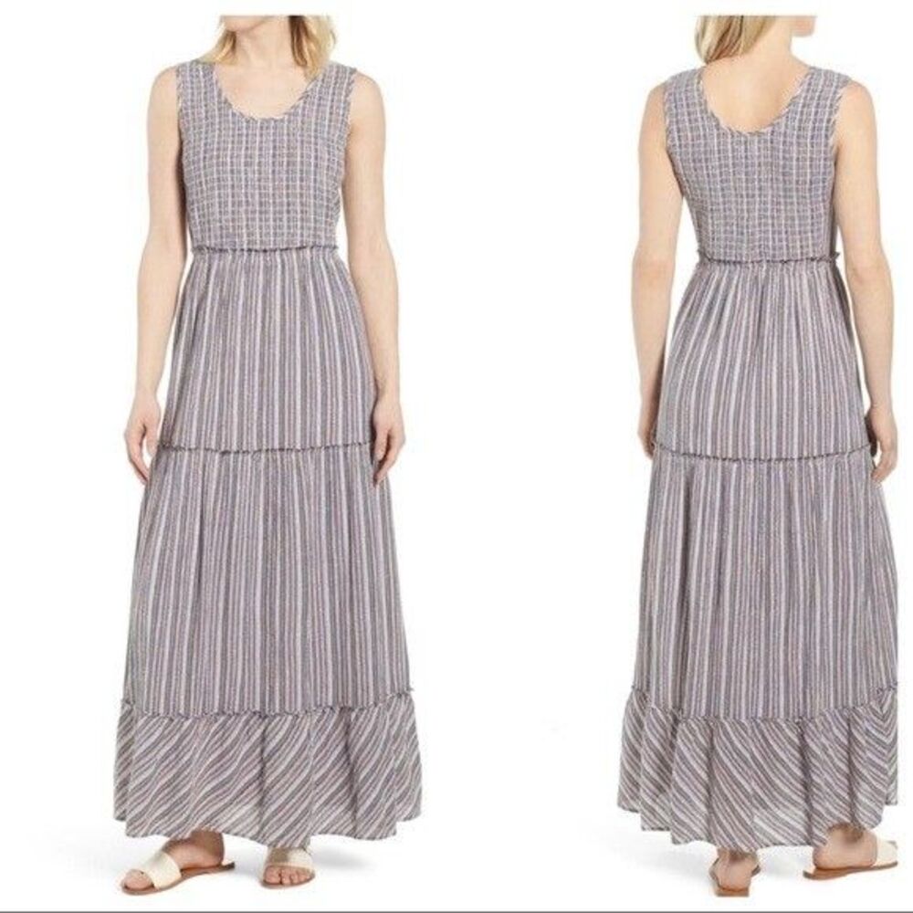 CASLON Tiered Smocked Maxi Cotton Dress Multi Stripe Sleeveless Size M